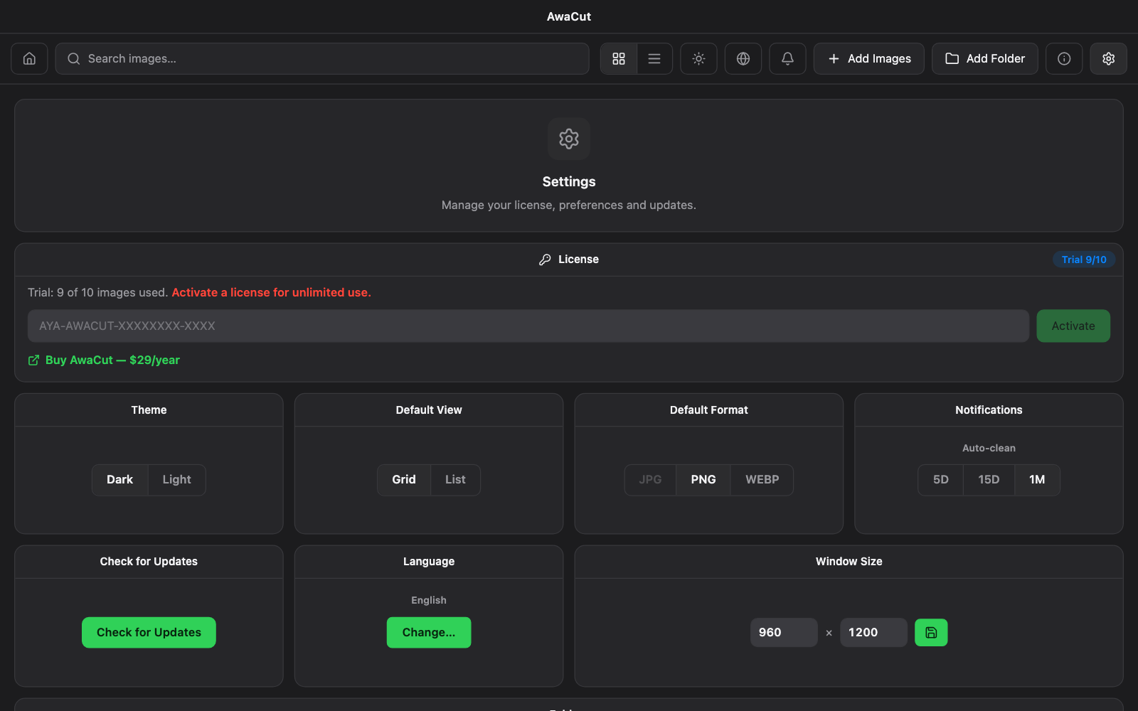 The AwaCut settings screen with license, theme, default view and format, language, folders and default background