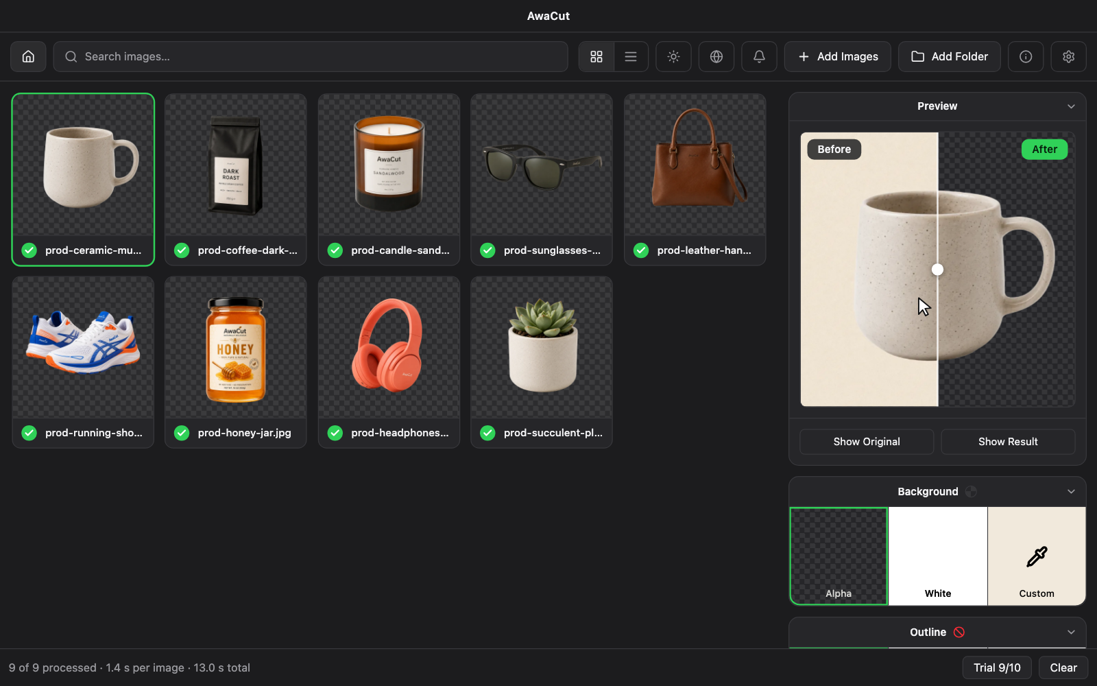The AwaCut desktop app with a finished batch of product photos and a before/after preview