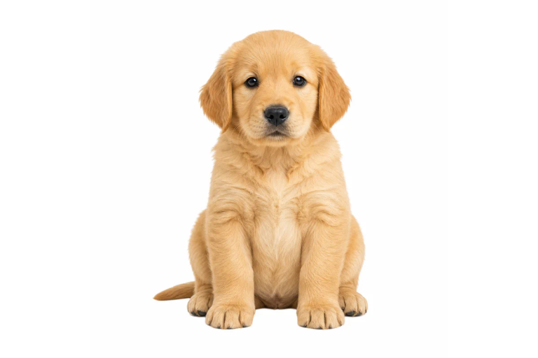 Studio photo of a golden retriever puppy sitting, on a plain white background
